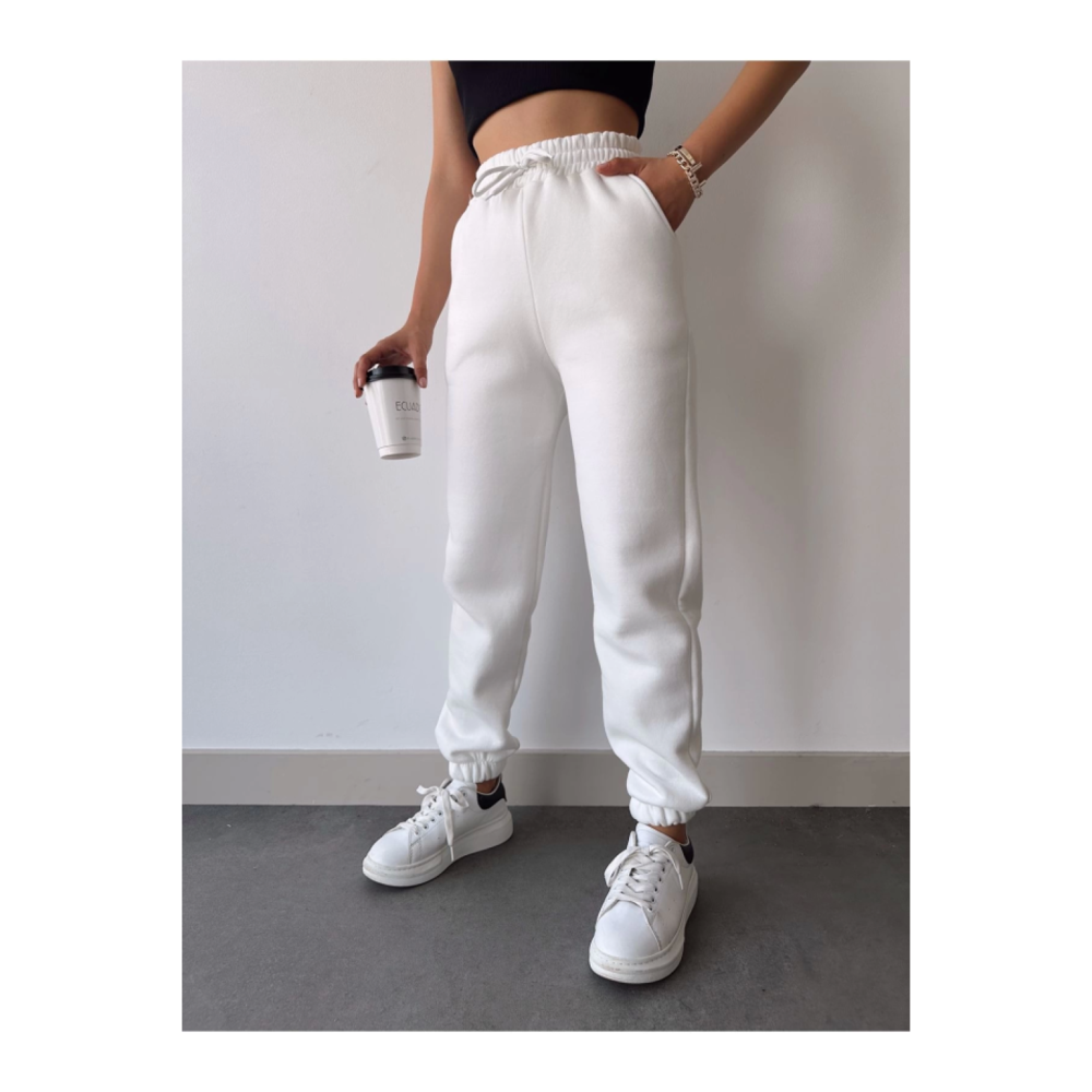 Üç İplik Basic Lastikli Eşofman Pantolon - Beyaz