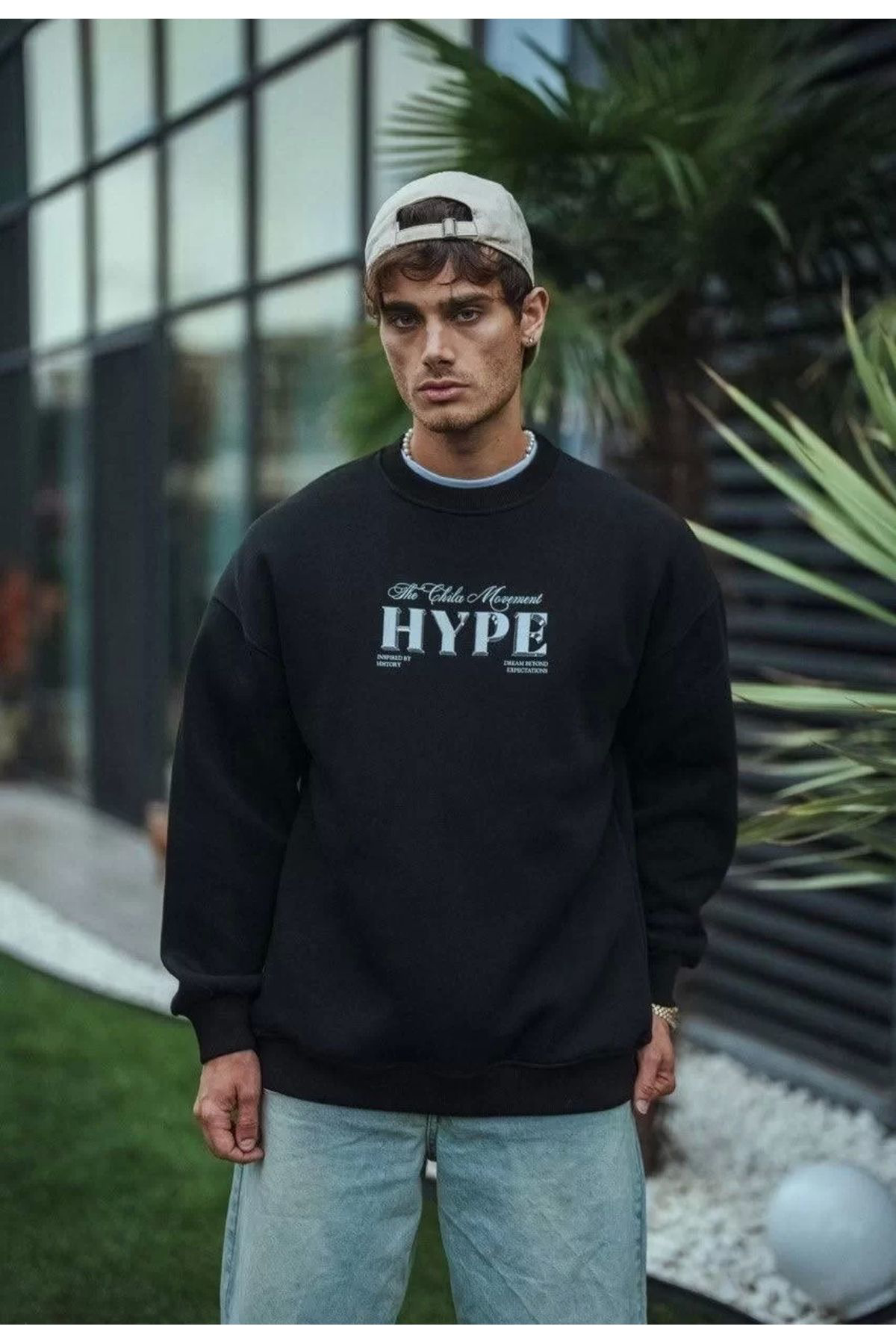 Üç Iplik Bisiklet Yaka Baskılı Sweatshirt - Siyah