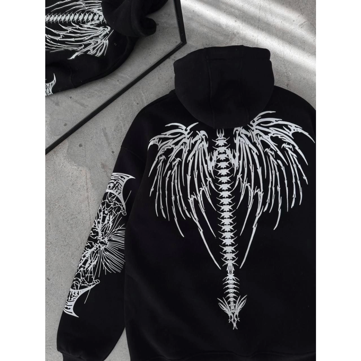 Üç İplik Kapşonlu Baskılı Oversize SweatShirt- Siyah