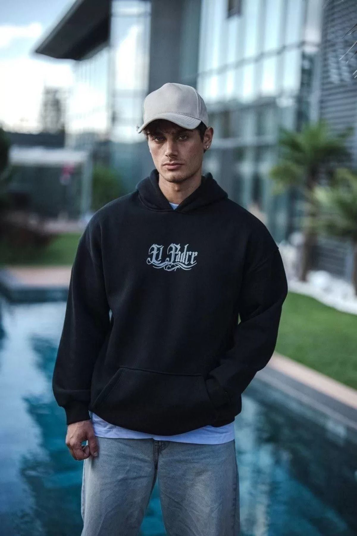 Üç Iplik Penye Kapşonlu Baskılı Sweatshirt - Siyah