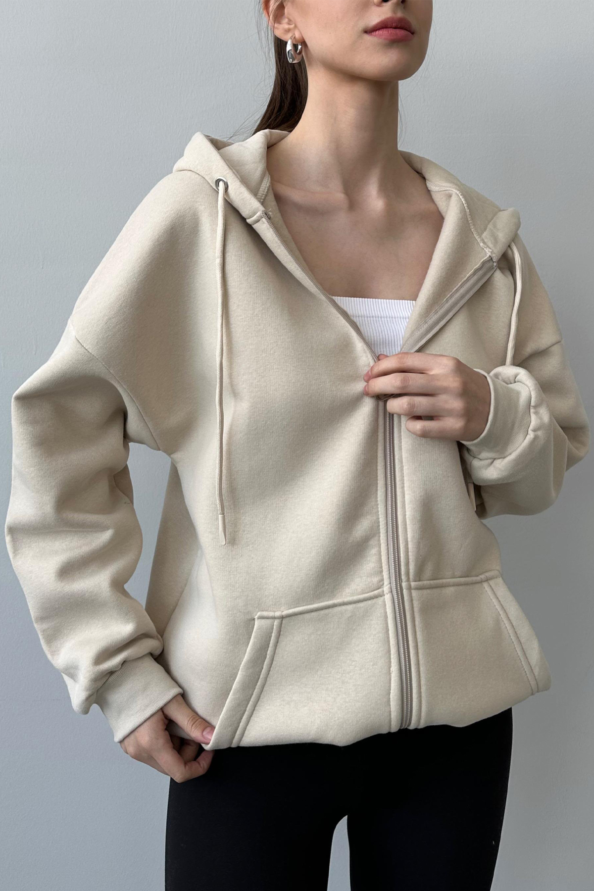 Fiolin Üç İplik Şardonlu Oversize Kapüşonlu Hırka