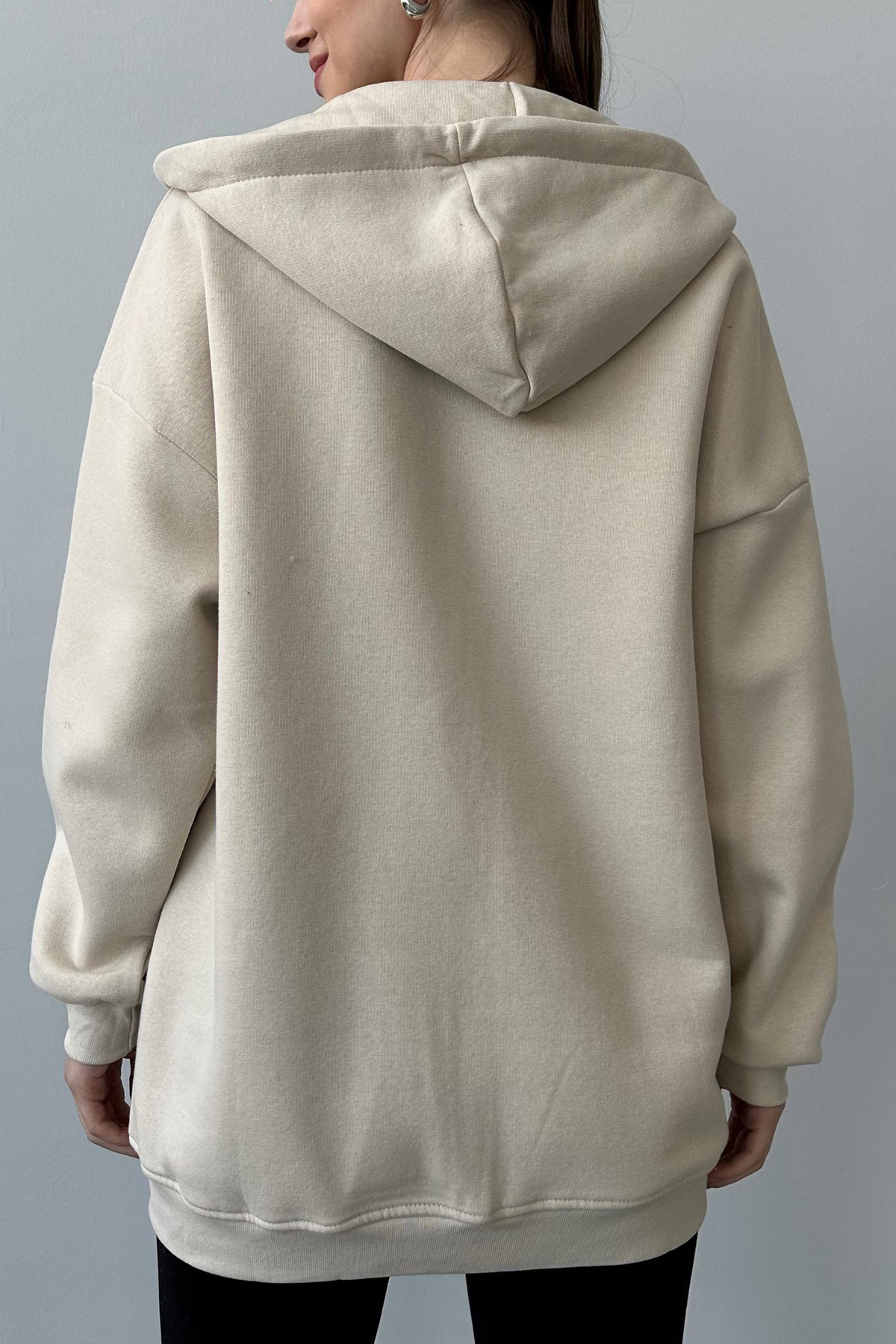 Fiolin Üç İplik Şardonlu Oversize Kapüşonlu Hırka