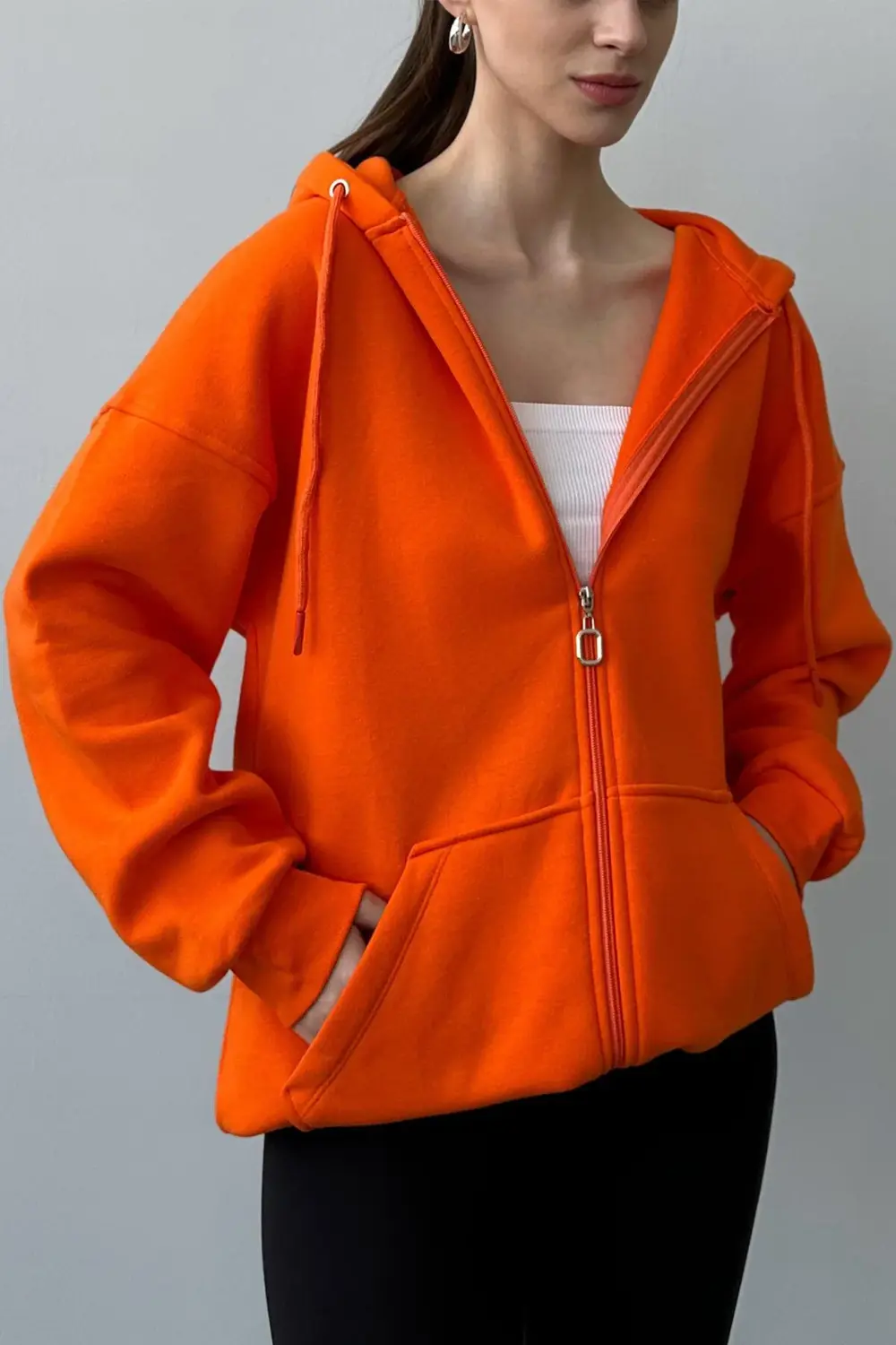 Üç İplik Şardonlu Oversize Kapüşonlu Hırka