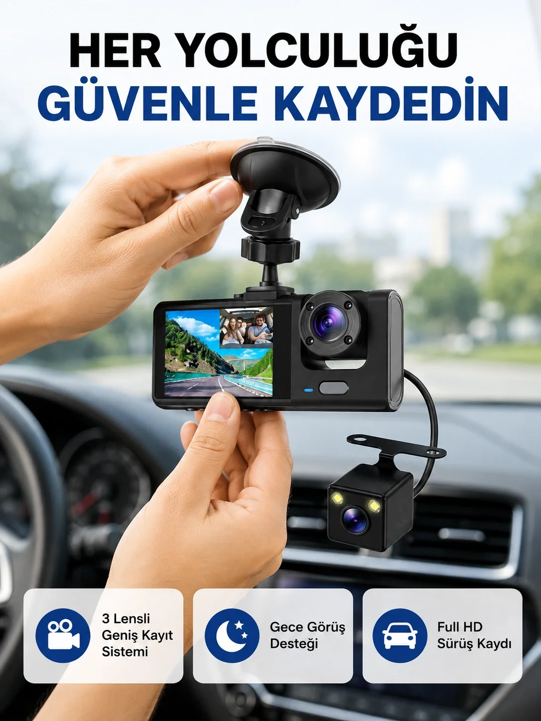 Üç Kameralı Araç İçi Kayıt Sistemi Full HD Gece Görüşlü ve G-Sensör Destekli