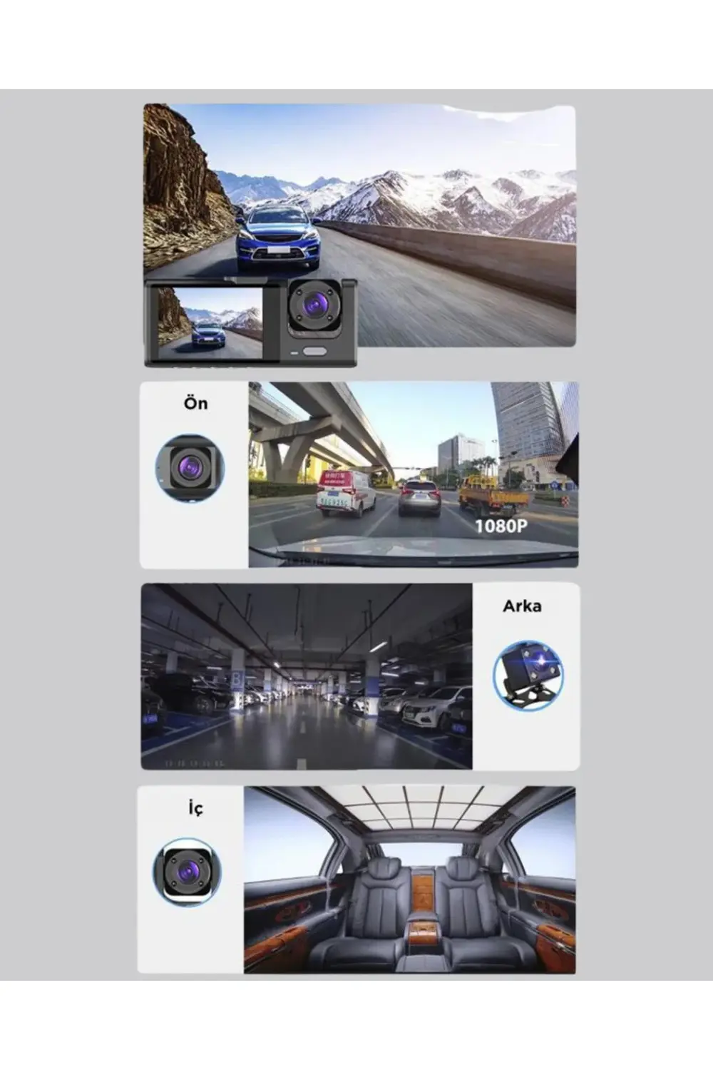 Üç Kameralı Araç Kamerası | Full HD 1080P Ön + HD İç/Arka