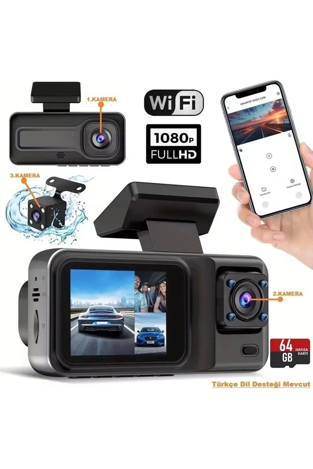Üç Kameralı Ön Iç Arka Araç Içi Kamera Wifi Viidure App Mpıa CC38 64GB Fiyatı, Yorumları ve Özellikleri