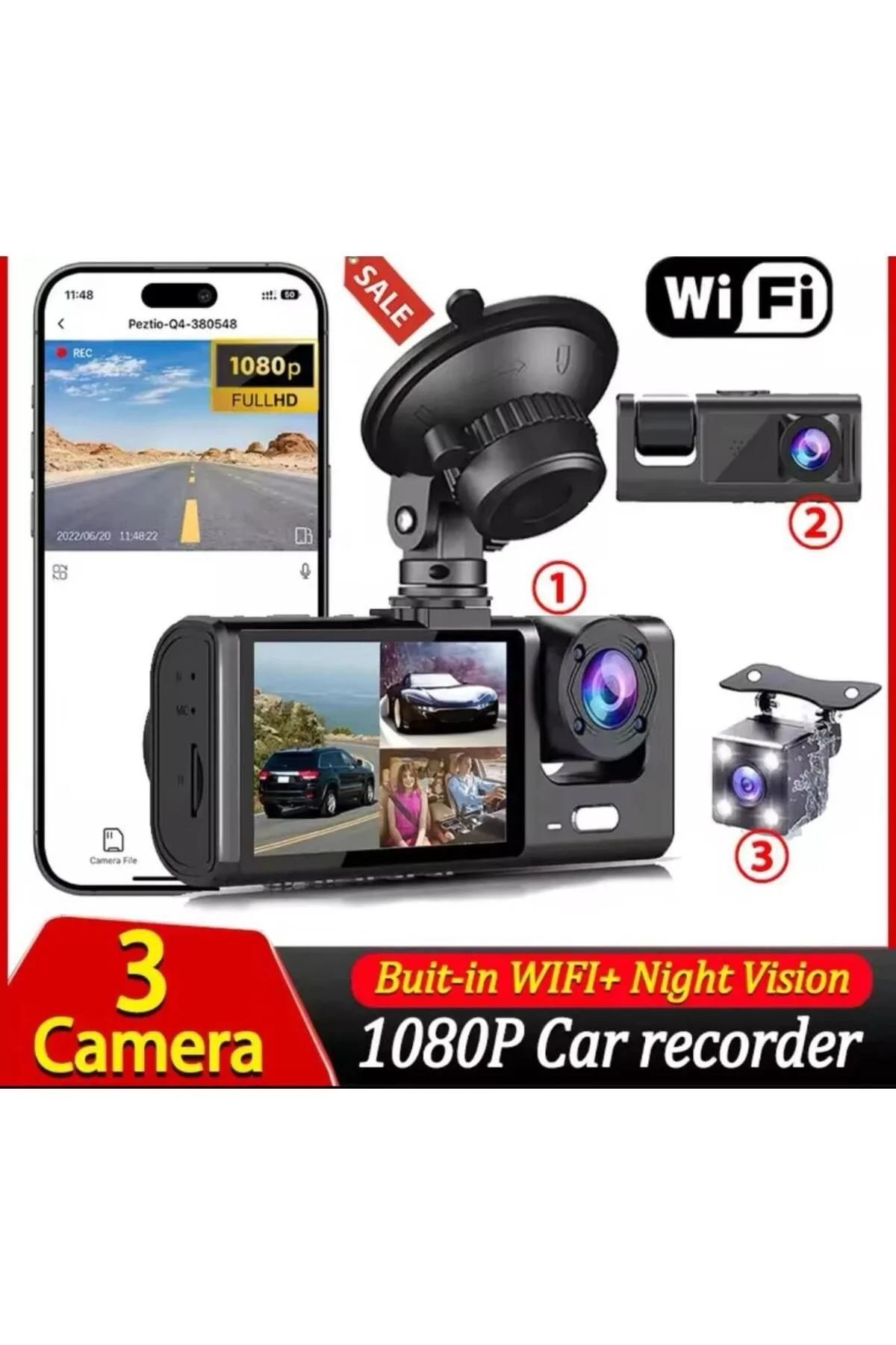 Üç Kameralı Wi‑Fi Araç İçi Kamera – GPS Takip &amp; G-Sensor Özellikli Güvenlik Çözümü