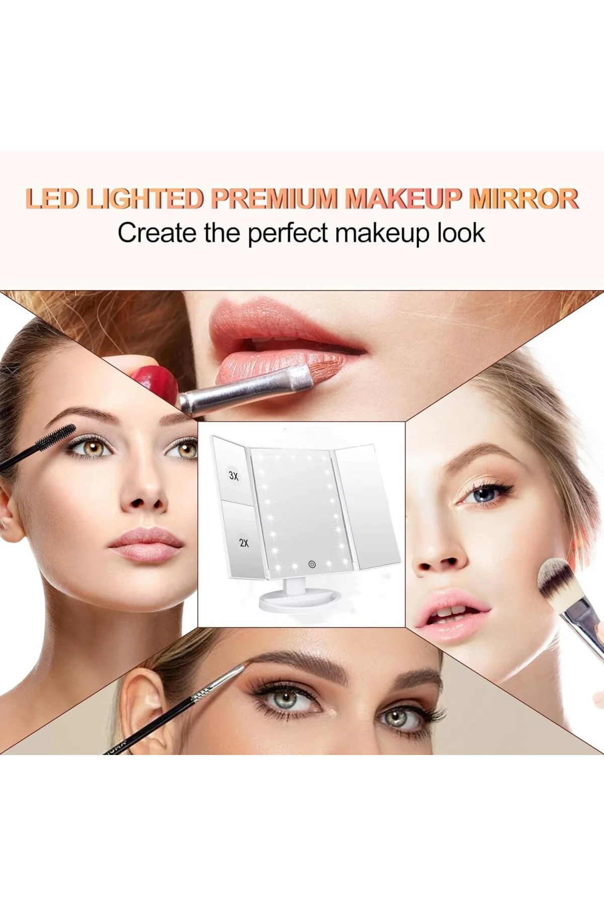 Üç Katlı Işıklı Makyaj Aynası, 3x/2x/1x Büyütme, 21 Leds Işık ve 