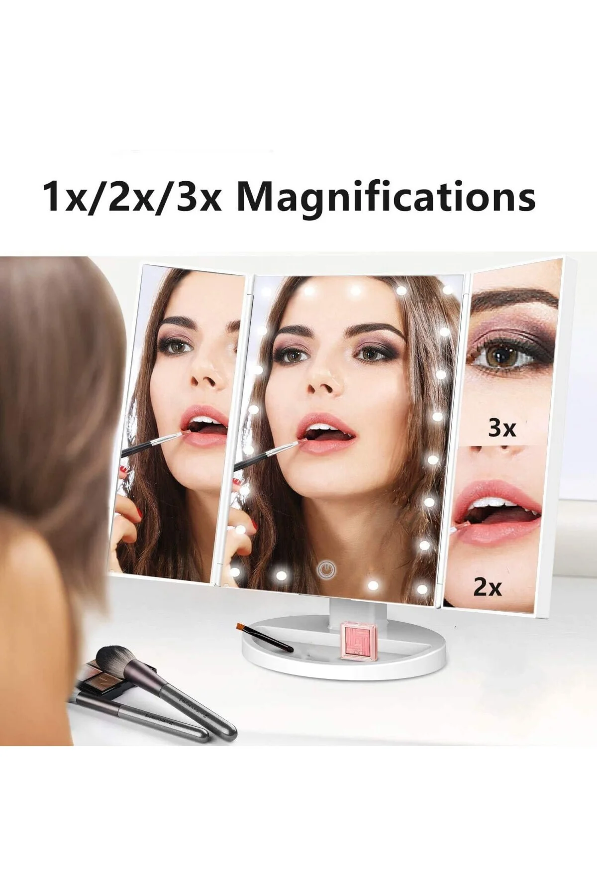 Üç Katlı Işıklı Makyaj Aynası, 3x/2x/1x Büyütme, 21 Leds Işık ve 