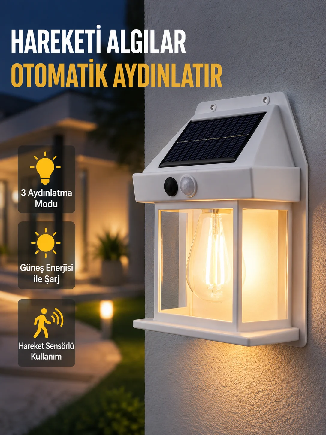 Üç Modlu Güneş Enerjili Duvar Lambası 1800mAh Bataryalı ve Hareket Sensörlü