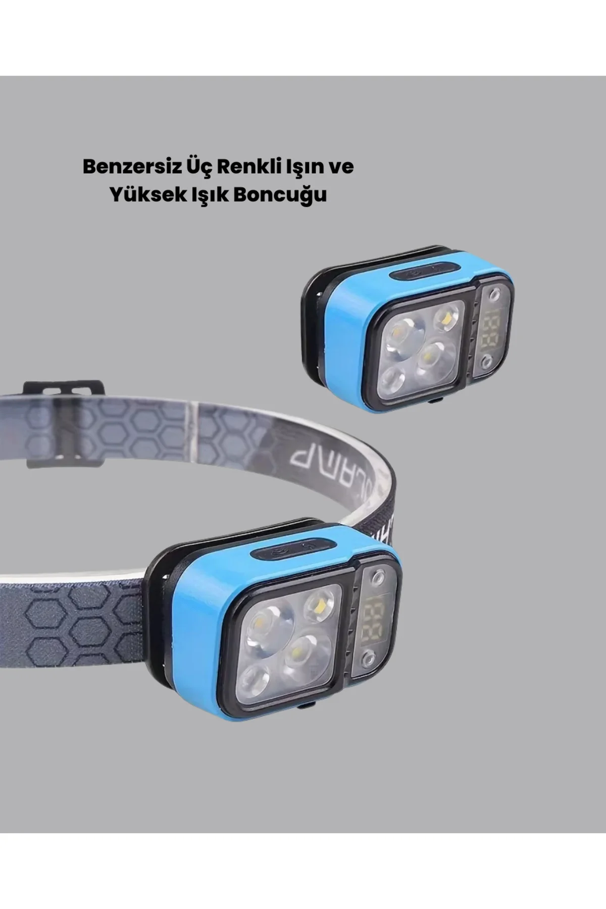 Üç Renkli LED Kafa Feneri 53 Mod Güç Göstergeli Type C Şarjlı