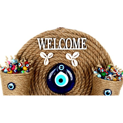 Üç Saksılı Welcome Yazılı Deniz Kabuklu Nazar Boncuklu Hasır Kapı
