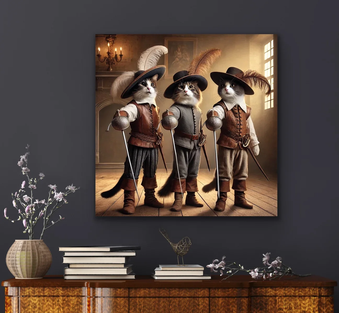 Üç Silahşor Kedi Kanvas Tablo 90x90cm – Çerçevesiz Duvar Sanatı