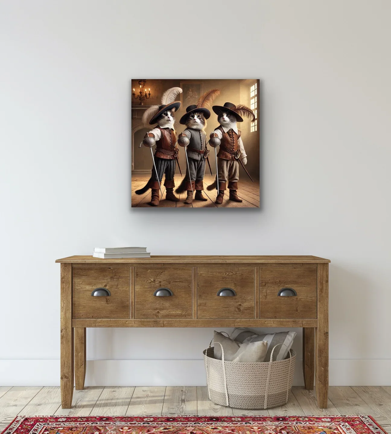 Üç Silahşor Kedi Kanvas Tablo 90x90cm – Çerçevesiz Duvar Sanatı