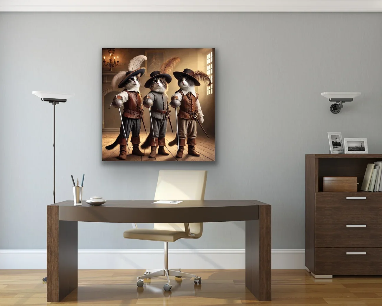 Üç Silahşor Kedi Kanvas Tablo 90x90cm – Çerçevesiz Duvar Sanatı