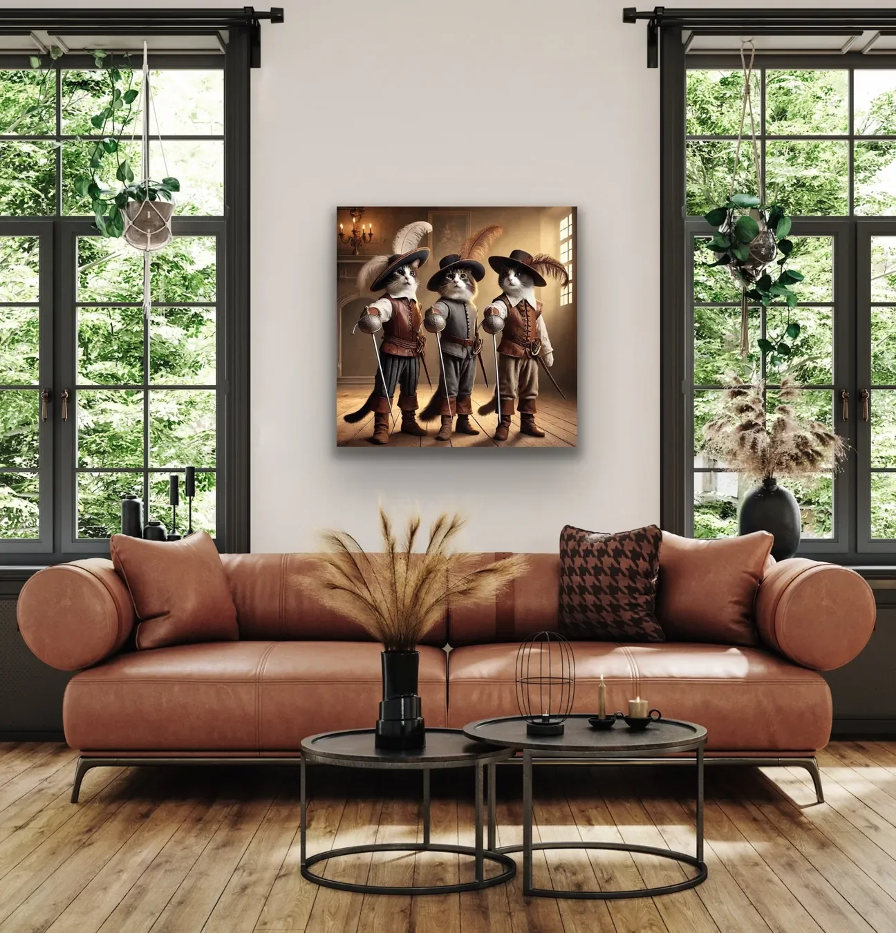 Üç Silahşor Kedi Kanvas Tablo 90x90cm – Çerçevesiz Duvar Sanatı