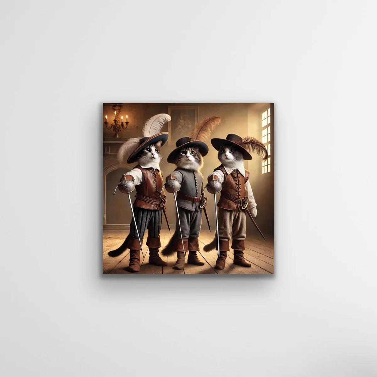 Üç Silahşor Kedi Kanvas Tablo 90x90cm – Çerçevesiz Duvar Sanatı