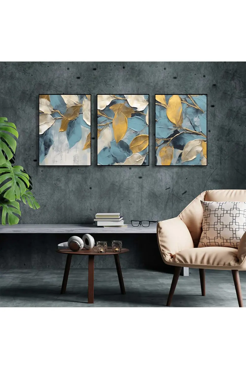 Üç soyut sanat illüstrasyonundan oluşan bir set. 3'lü Kanvas Tabl