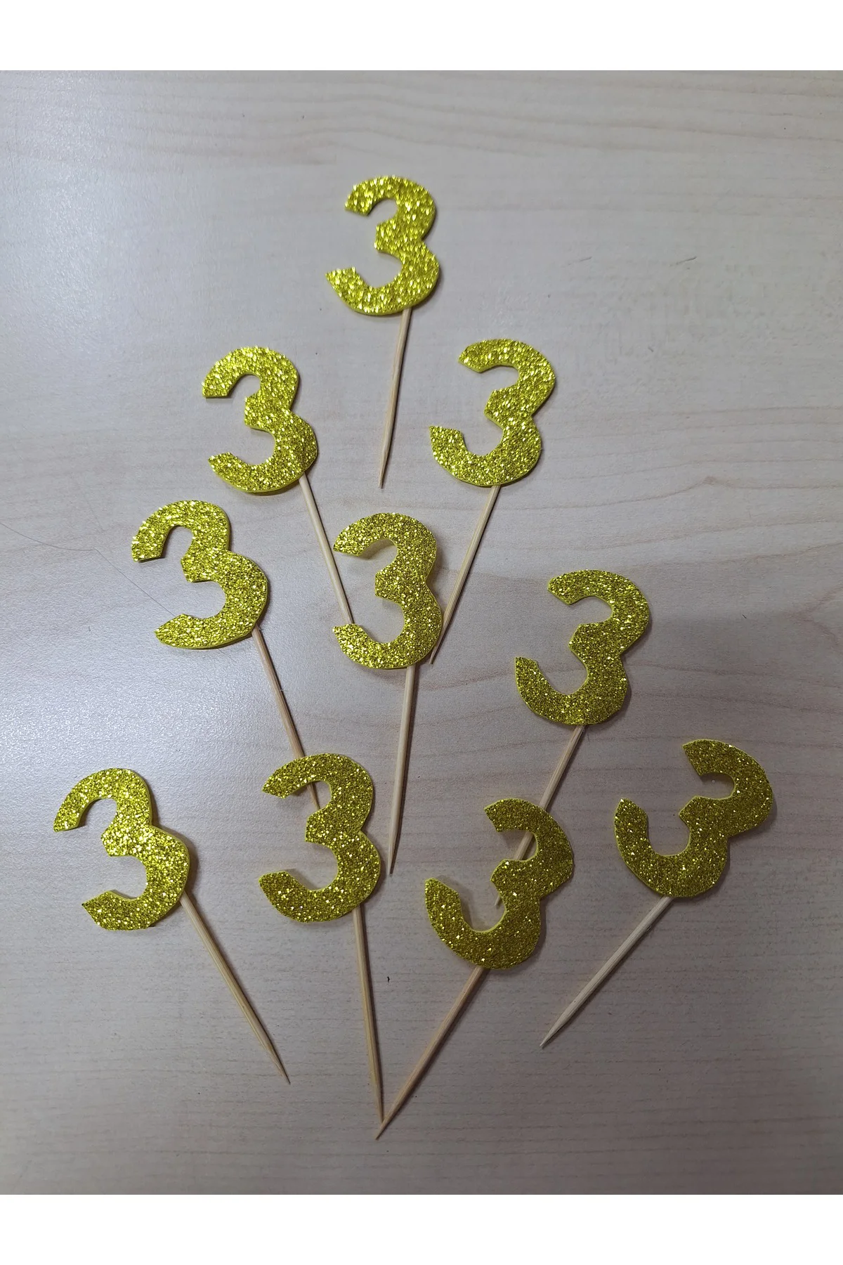 Üç Yaş Gold Pasta Süsü, Doğum Günü Kürdanı 15 Adet