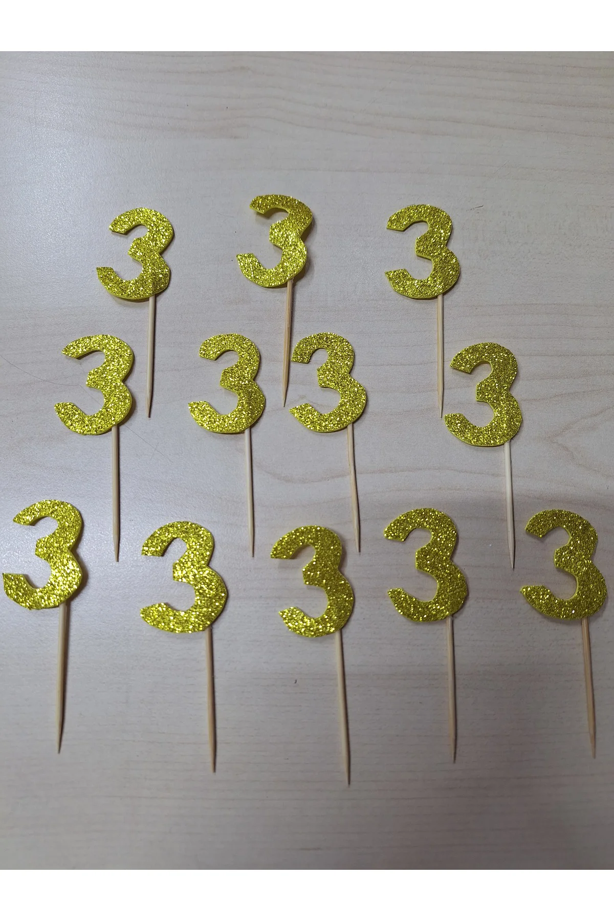 Üç Yaş Gold Pasta Süsü, Doğum Günü Kürdanı 15 Adet