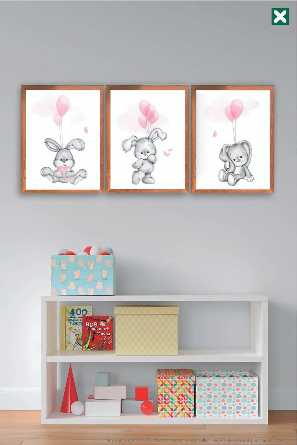 Uçan Balonlu Sevimli Tavşan 3’lü Çerçeve Görünümlü Modern MDF Tab