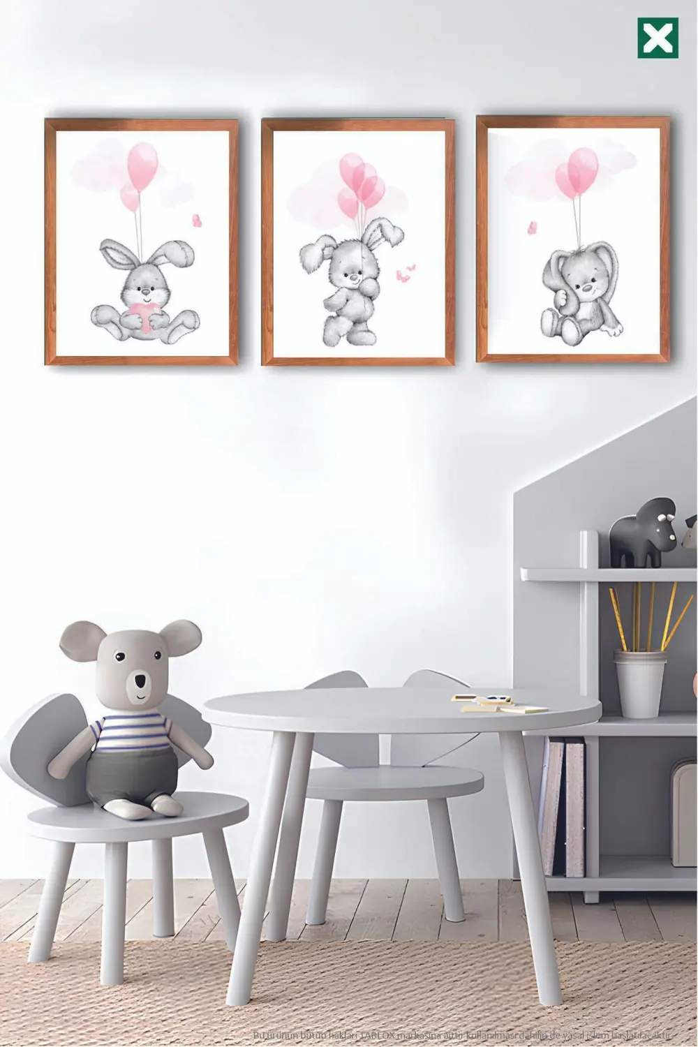 Uçan Balonlu Sevimli Tavşan 3’lü Çerçeve Görünümlü Modern MDF Tab