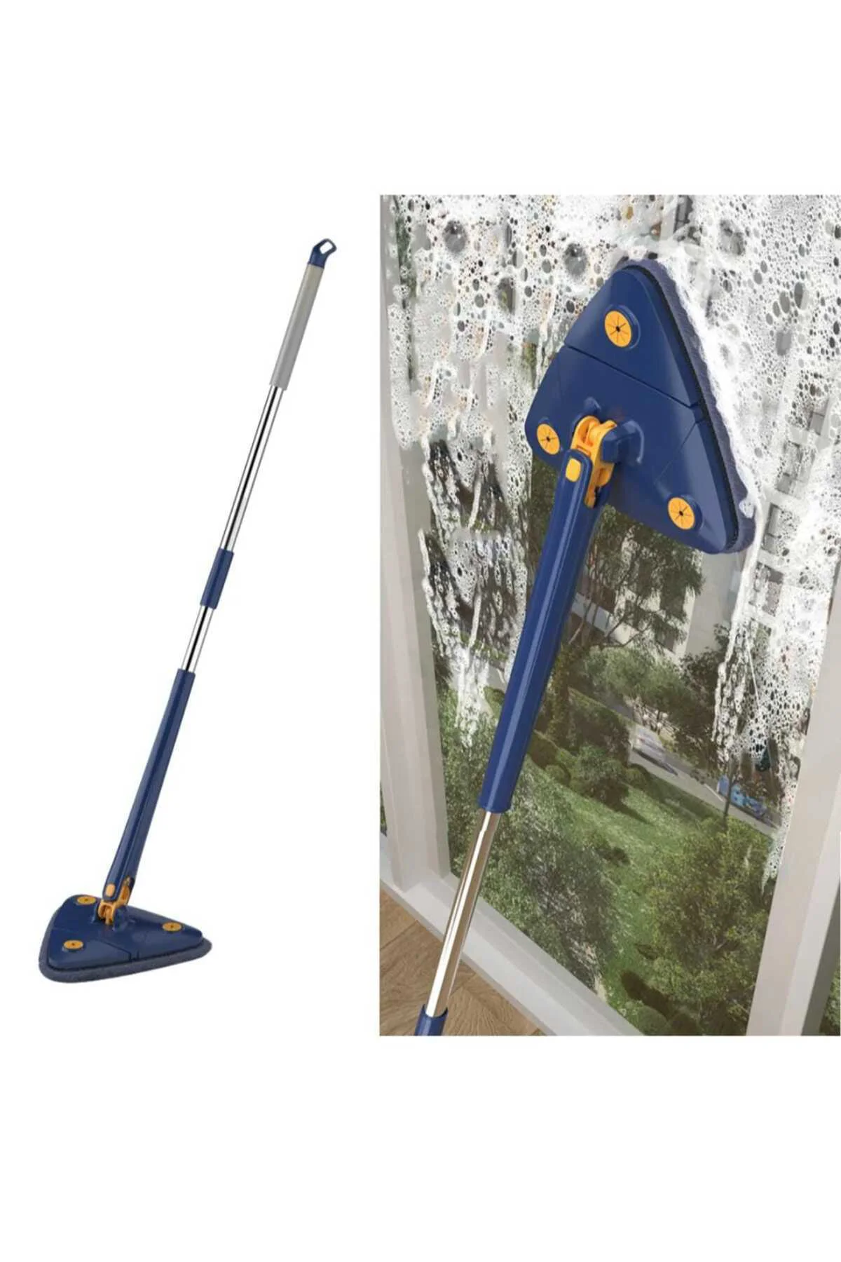 Üçgen Başlıklı Kendinden Sıkmalı Mop – Mikrofiber Bezli, Cam, Duvar, Parke Için