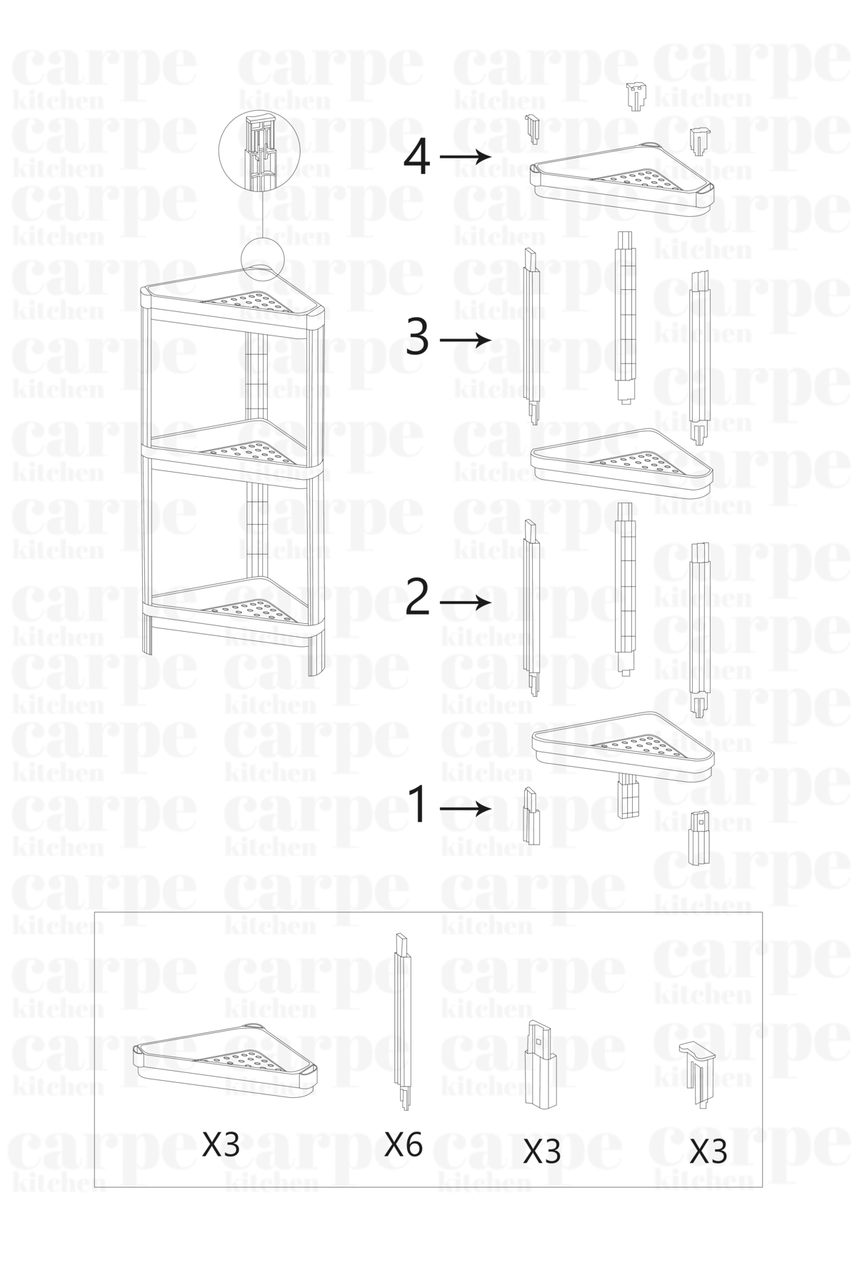 Carpekitchen Üçgen Köşelik 3 Katlı Beyaz Bölmeli Raf Ünitesi