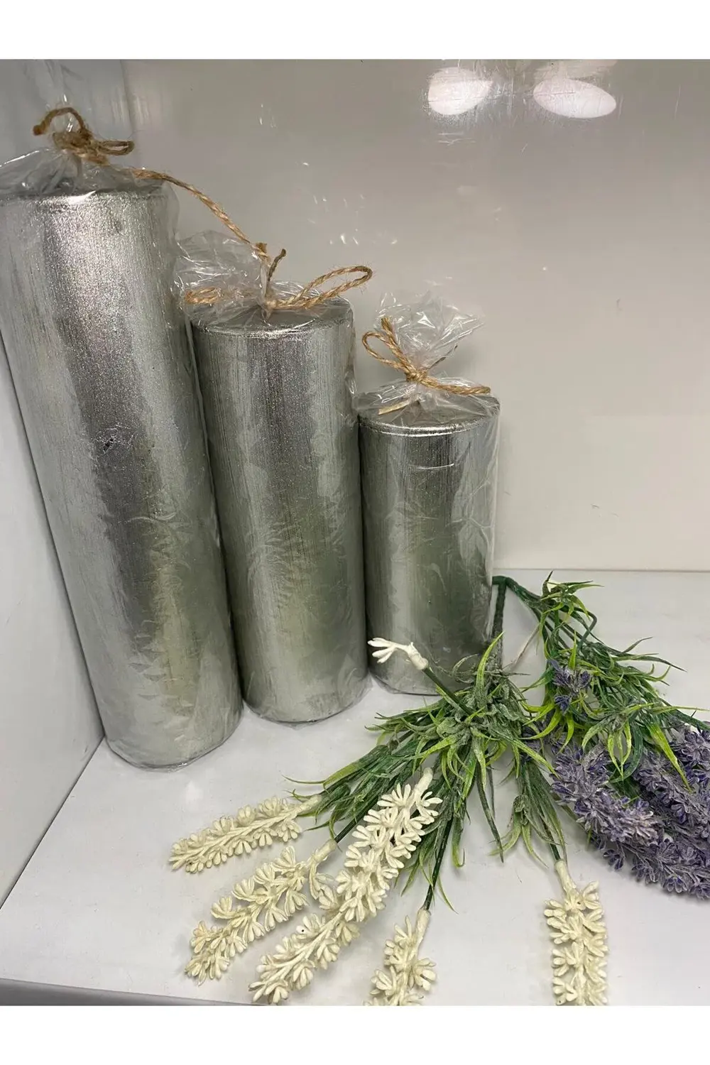 Üçlü Kütük Mum Gümüş