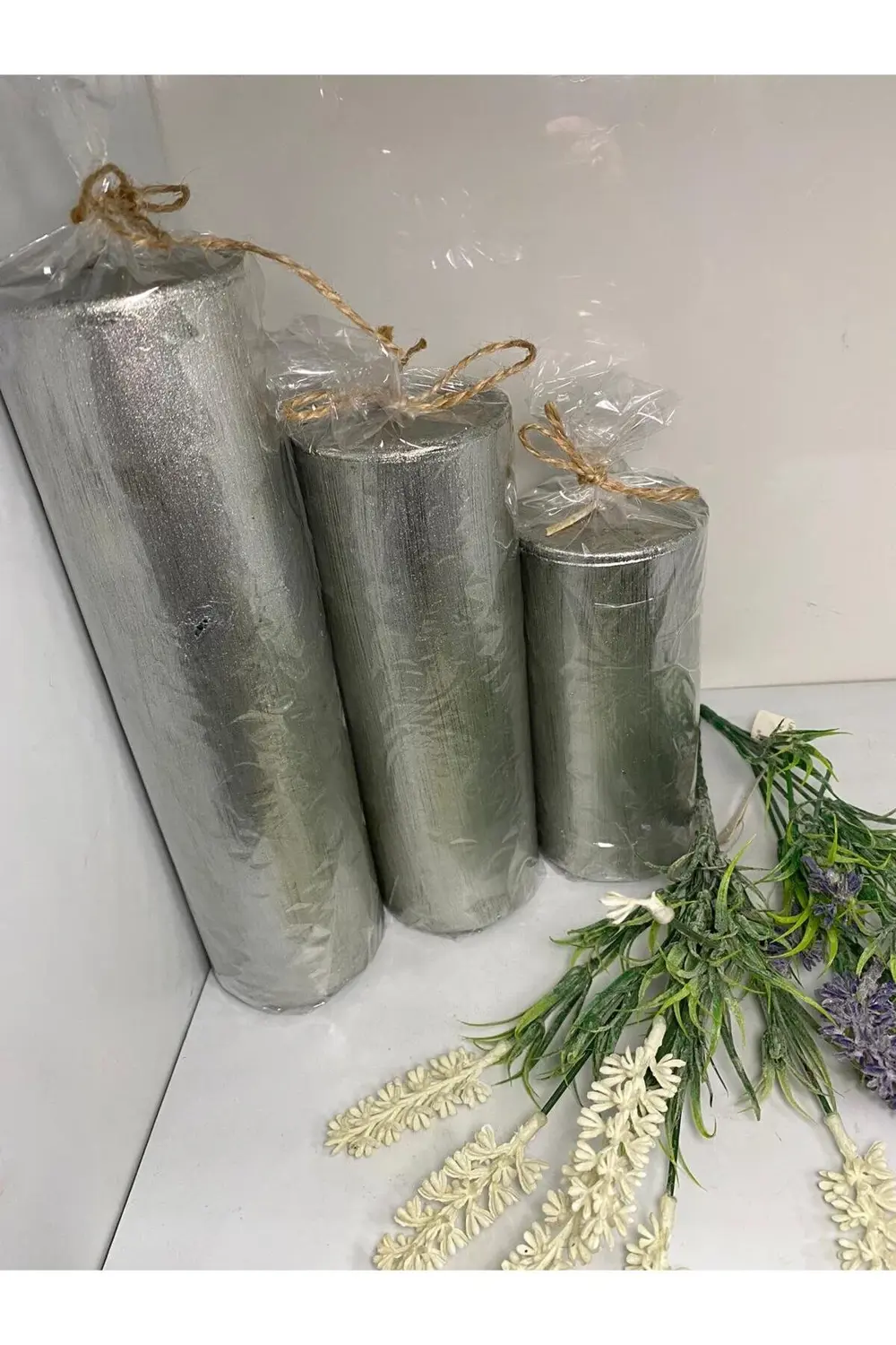 Üçlü Kütük Mum Gümüş