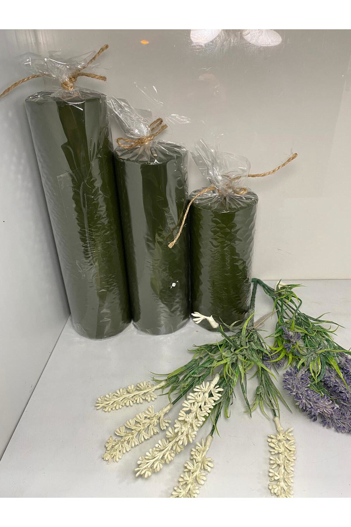 Elif Aksesuar Üçlü Kütük Mum Zümrüt Yeşili