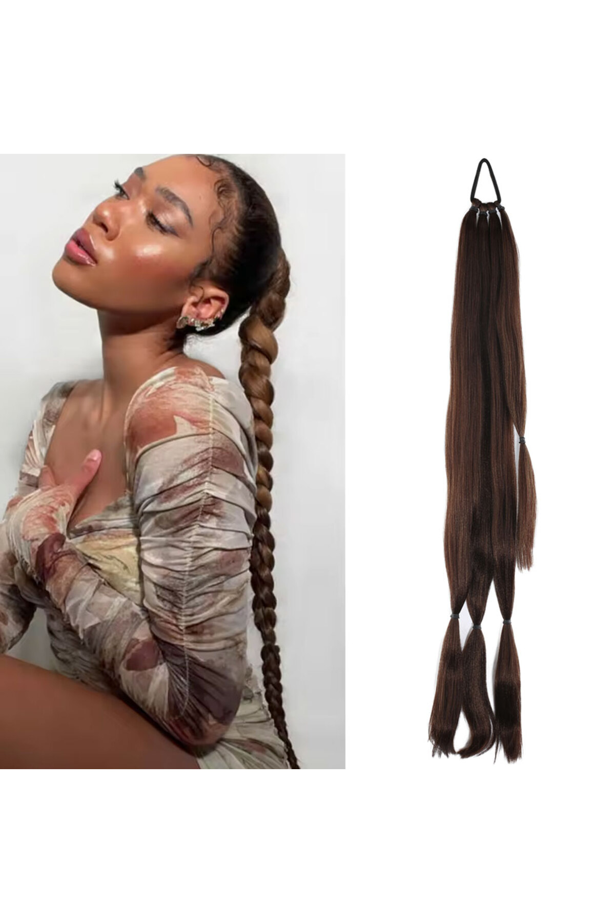 Üçlü Örgü Tokalı At Kuyruğu / Kahve Karamel