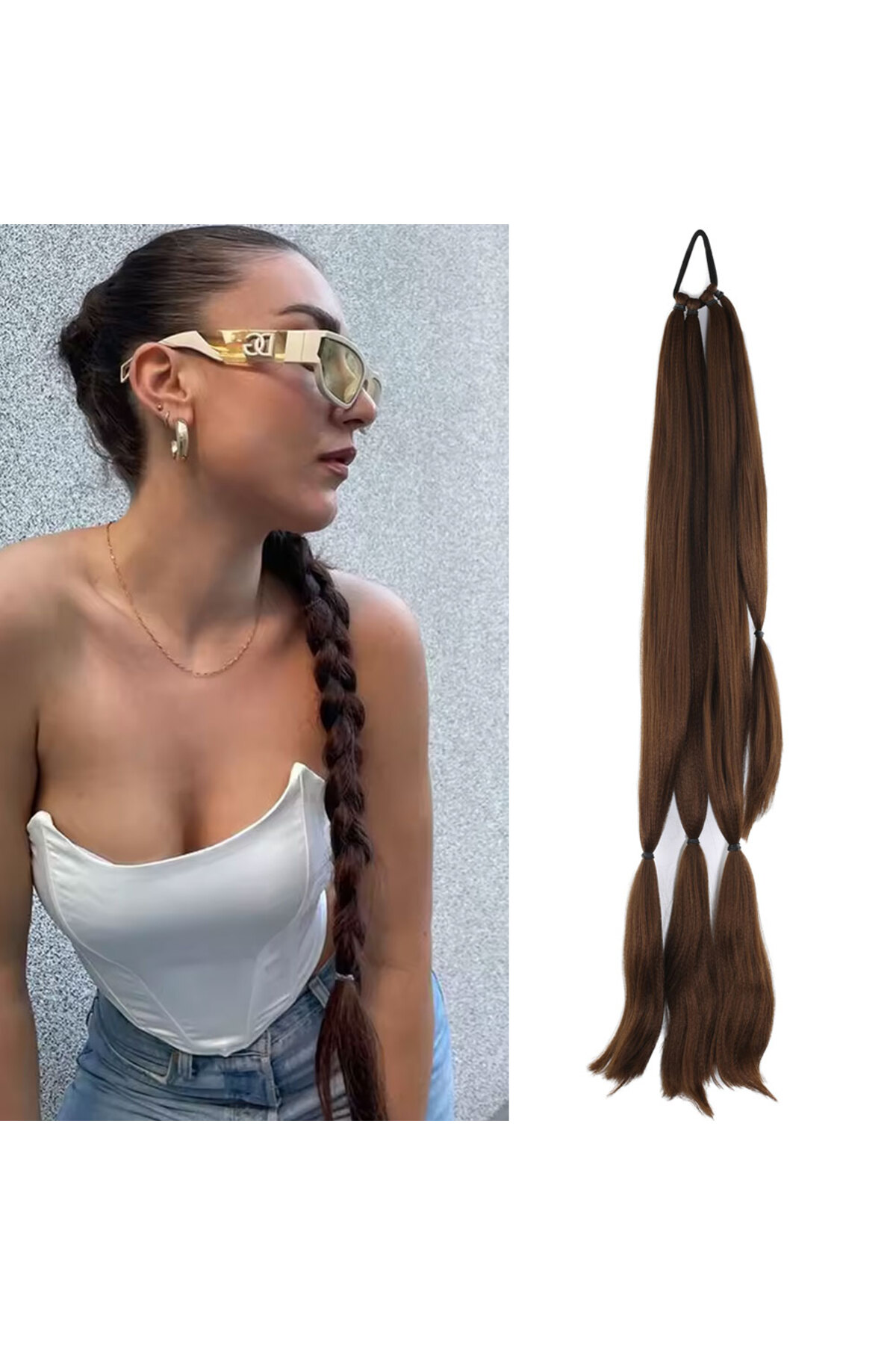 Fantaziatölyesi Üçlü Örgü Tokalı At Kuyruğu / Açık Kahve