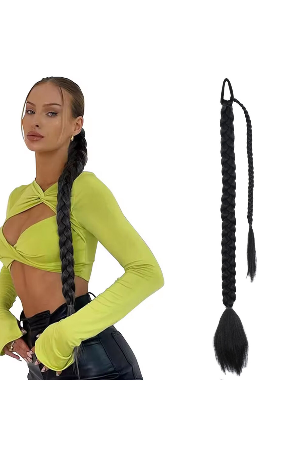 Fantaziatölyesi Üçlü Örgülü Tokalı Bağlamalı At Kuyruğu / Siyah