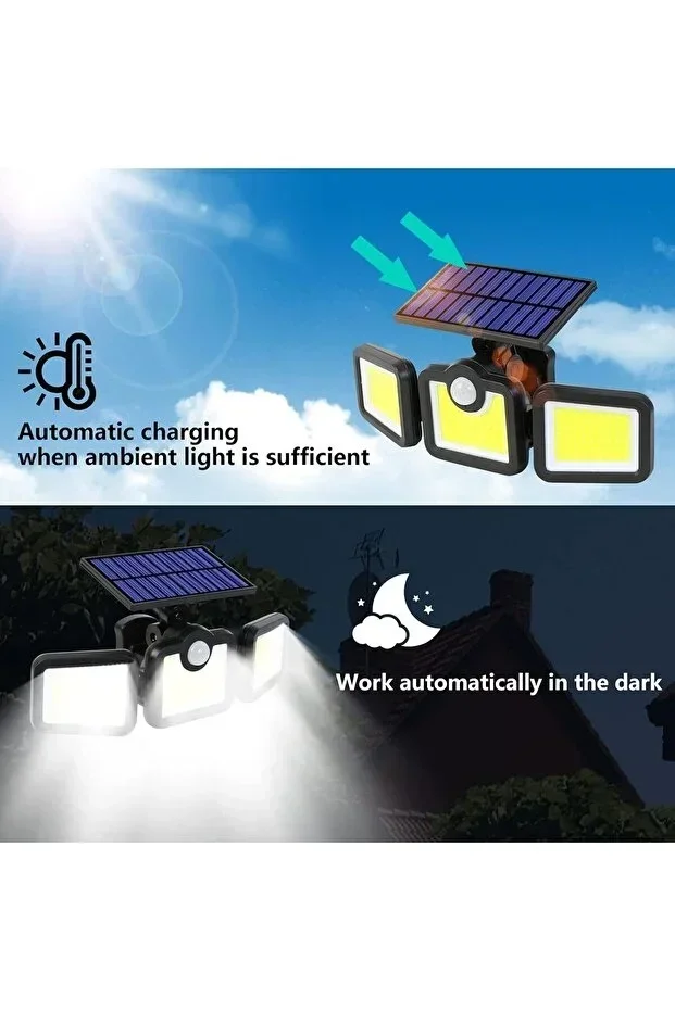 Üçlü Solar Led Projektör – Beyaz Işık – Sensörlü Dış Mekân Aydınlatma