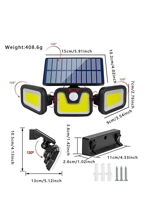 Üçlü Solar Led Projektör – Beyaz Işık – Sensörlü Dış Mekân Aydınlatma