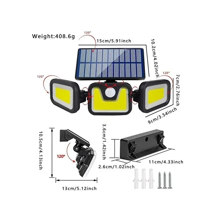 Üçlü Solar Led Projektör Beyaz Işık Sensörlü Dış Mekân Aydınlatma