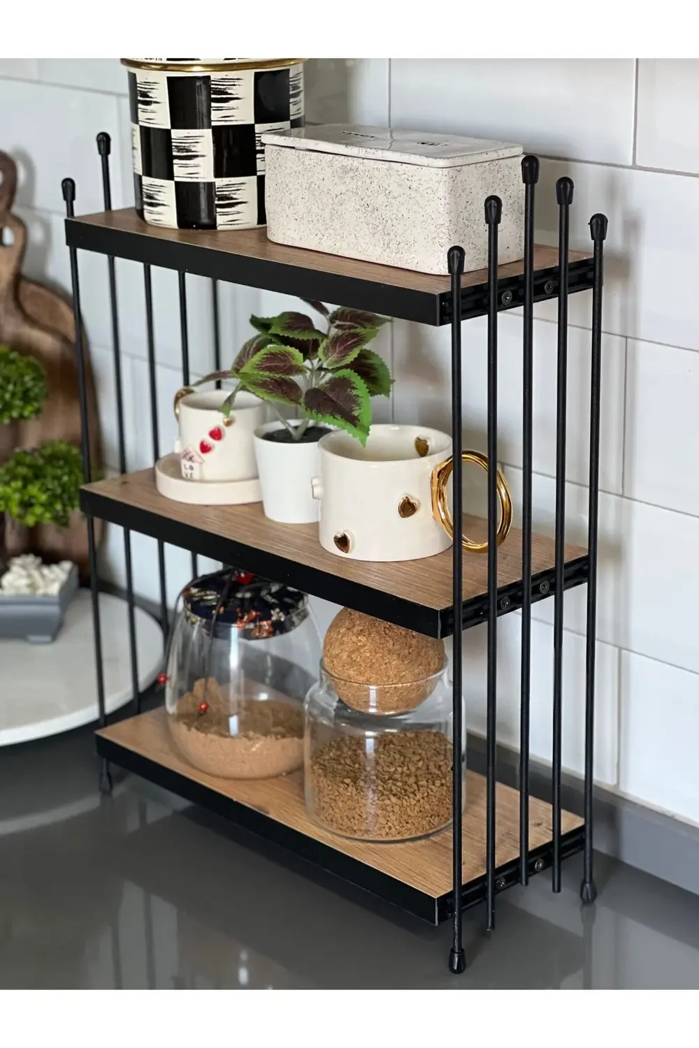 ÜÇLÜ TEL RAF Mutfak Raf ÇAM Tezgah Üstü Raf Kahve Köşesi Raf Bany