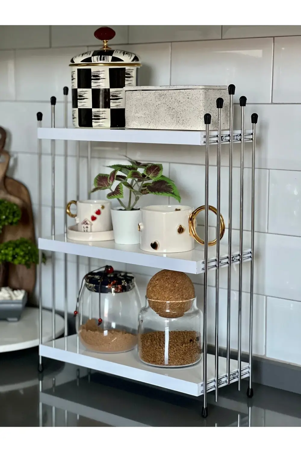 ÜÇLÜ TEL RAF Mutfak Raf KROM BEYAZ Tezgah Üstü Raf Kahve Köşesi R