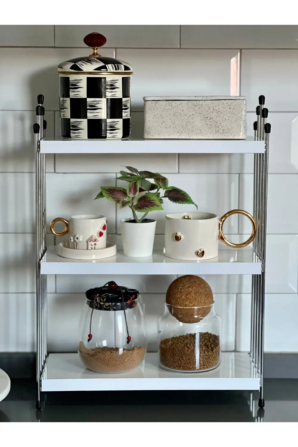 ÜÇLÜ TEL RAF Mutfak Raf KROM BEYAZ Tezgah Üstü Raf Kahve Köşesi R