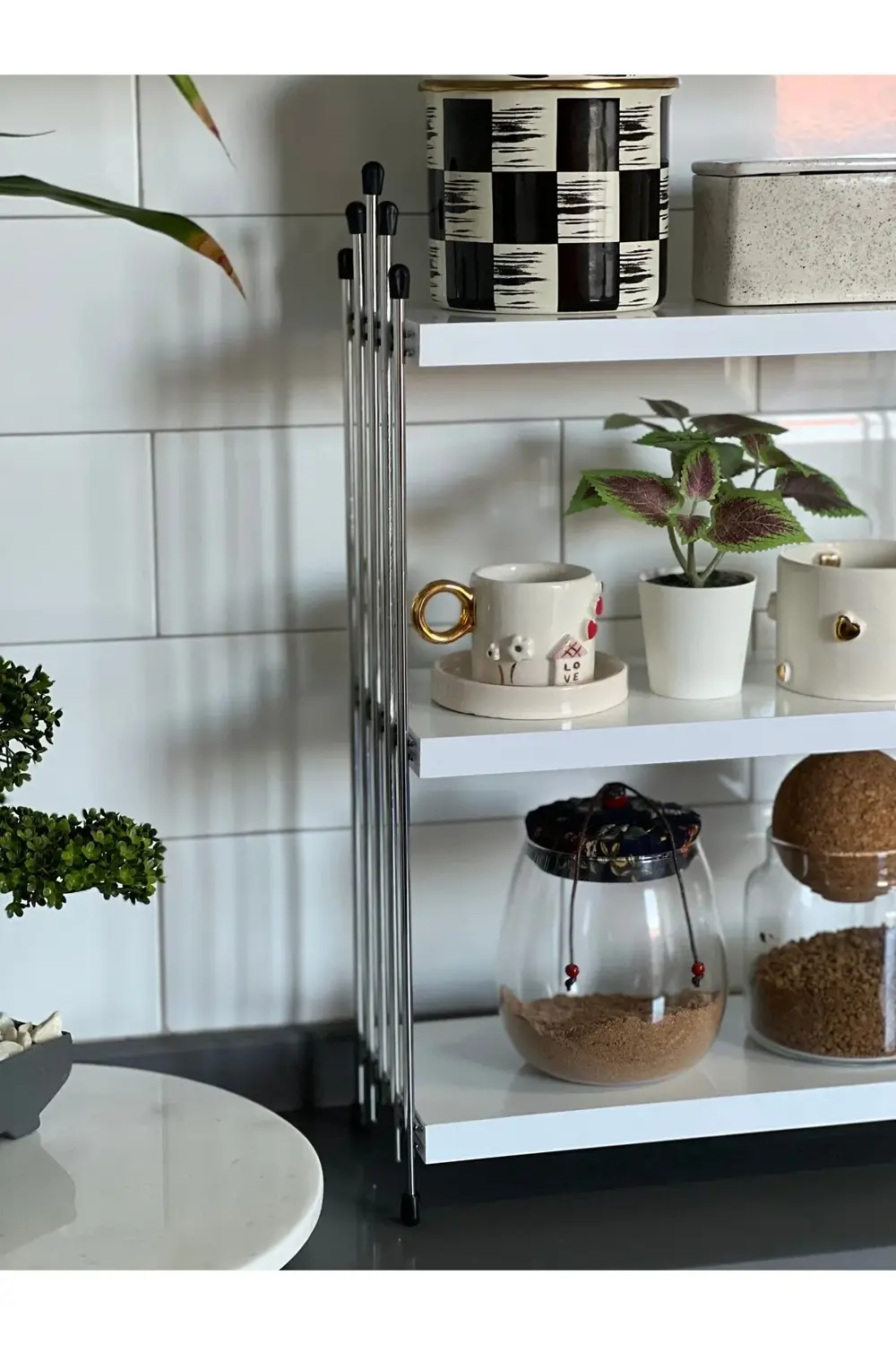 ÜÇLÜ TEL RAF Mutfak Raf KROM BEYAZ Tezgah Üstü Raf Kahve Köşesi R