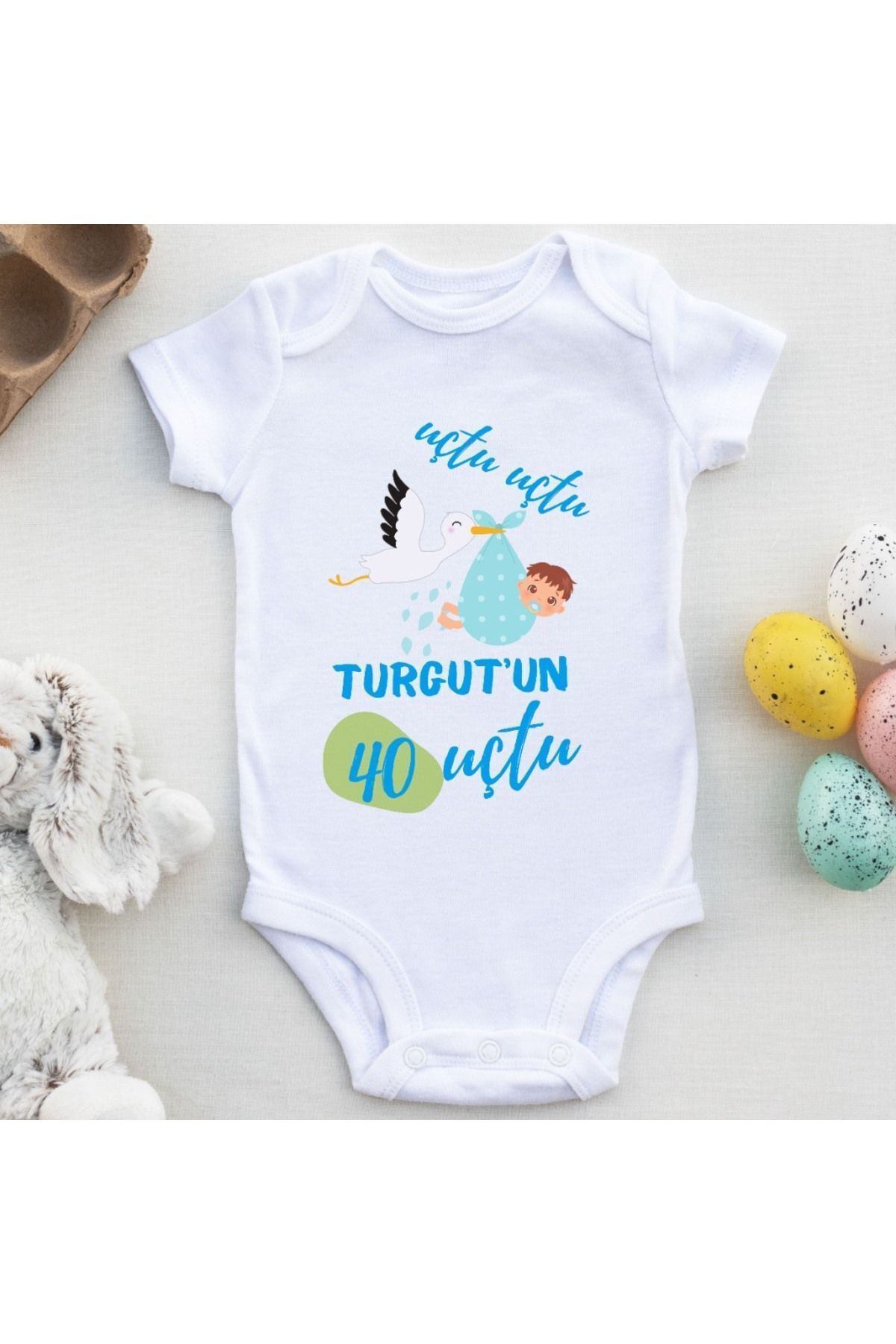 Uçtu uçtu 40'ı Uçtu Yazılı Kişiye Özel Erkek Bebek Zıbın
