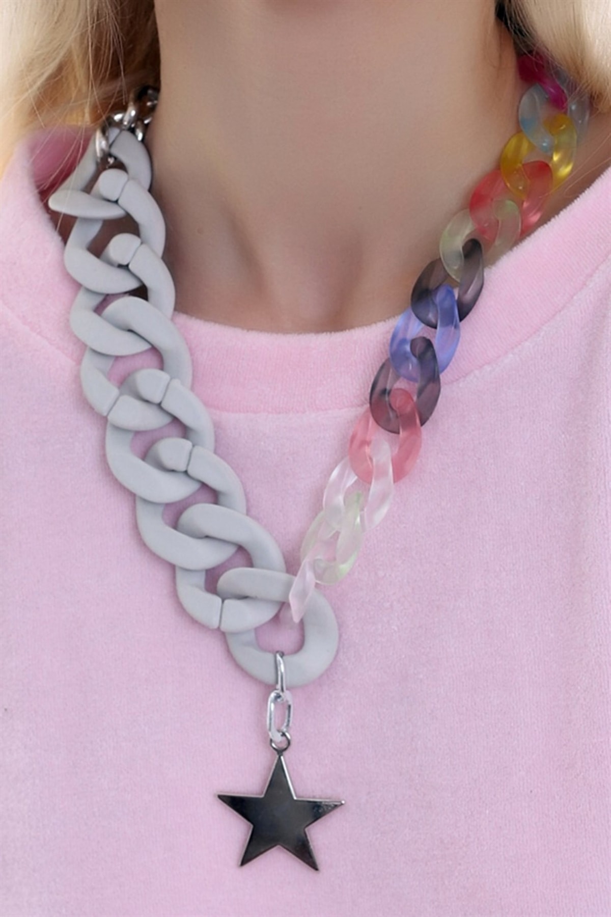 Ucu Yıldız Desenli Spor Zarif Ve Şık Asetat Zincir Kolye