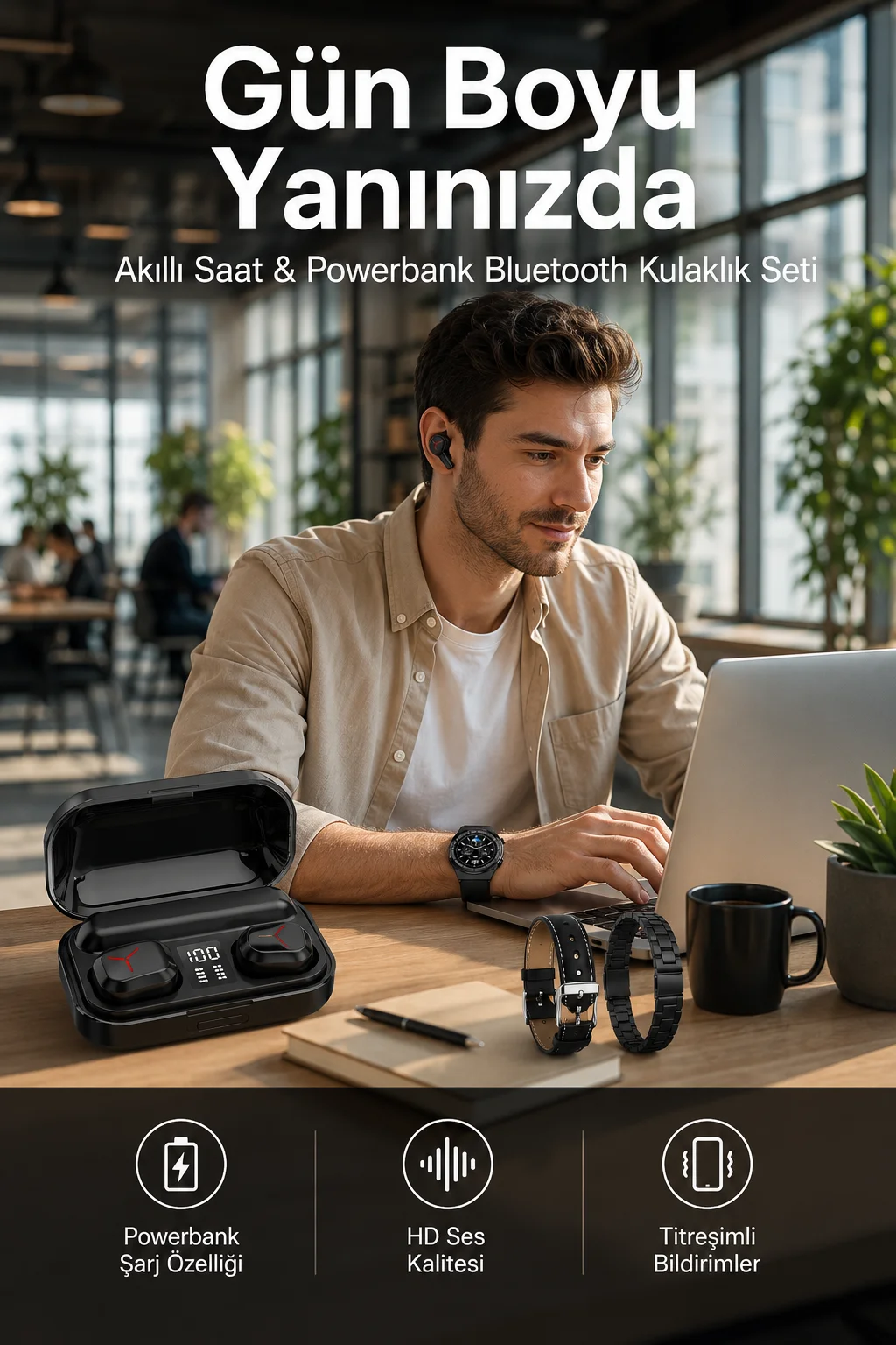 Ucuz Kaliteli Akıllı Saat ve Powerbank Bluetooth Kulaklık 5.1 Stereo ANC Özelliği
