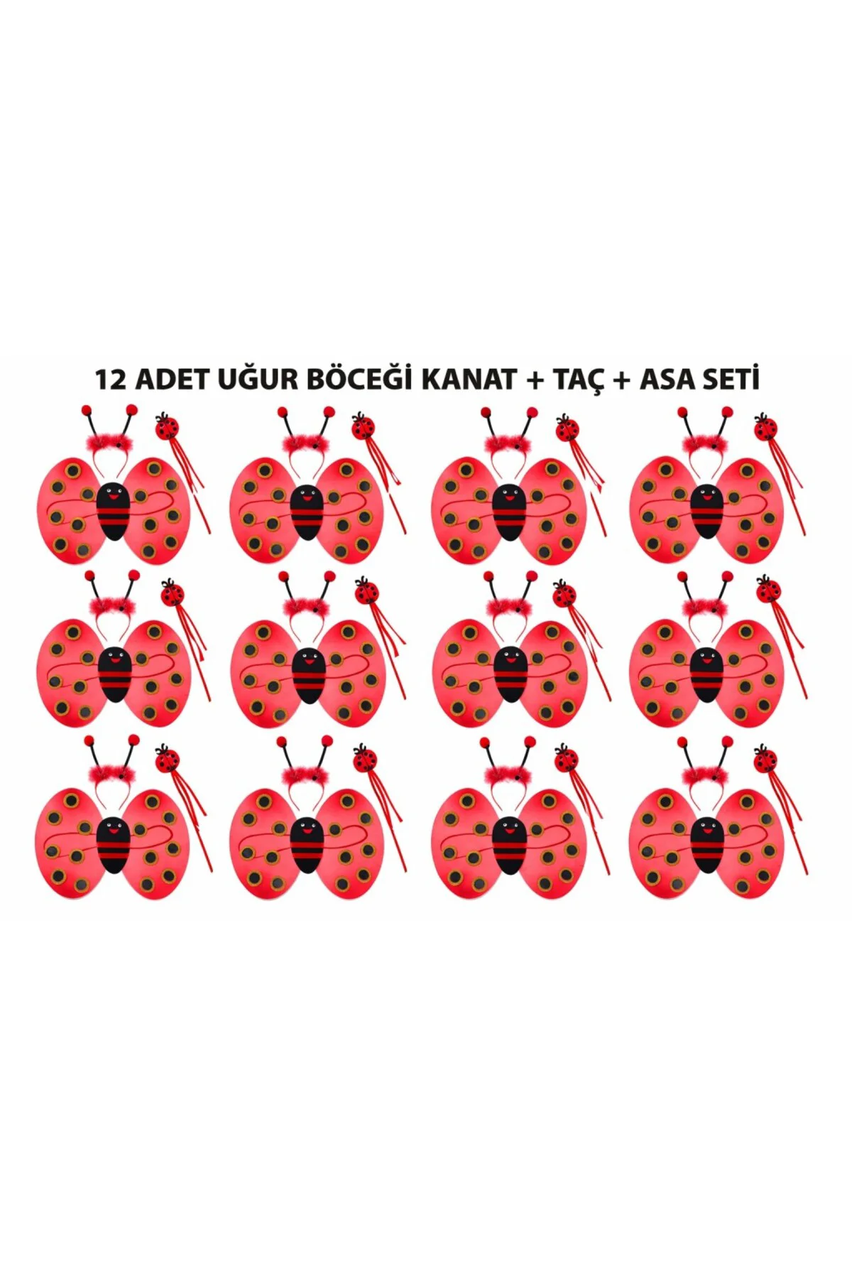 Uğur Böceği Kostüm Seti - Kanat Taç Asa 3 Parça 12 Adet
