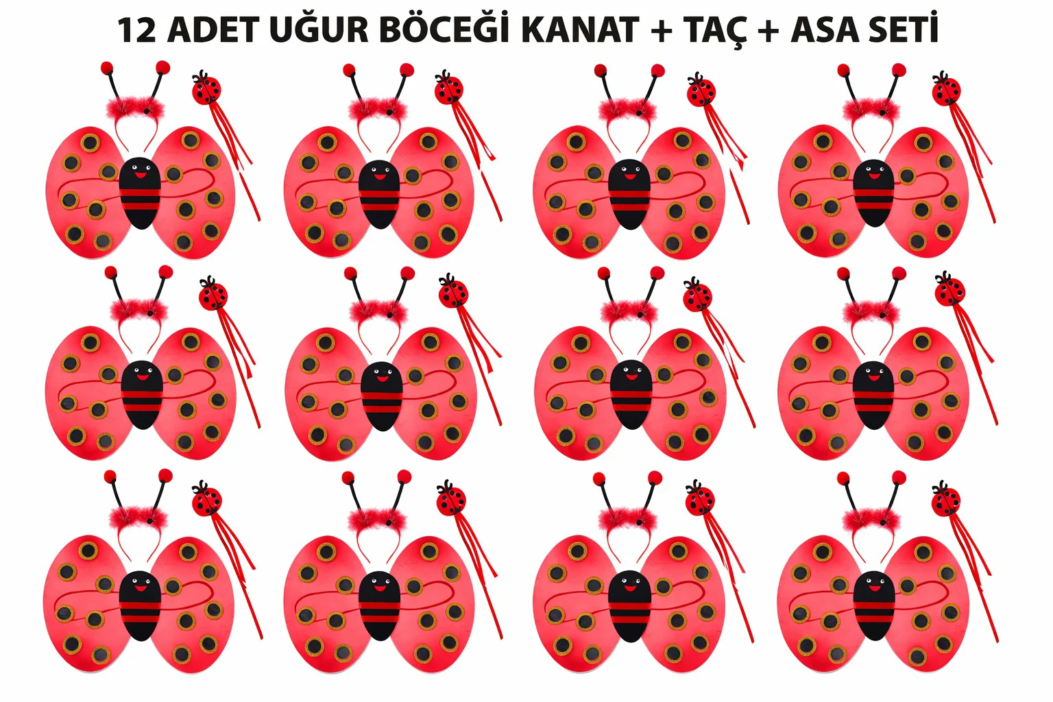 Uğur Böceği Kostüm Seti - 3 Parça Parti Aksesuarı (Kanat Taç Asa) 12'li Çocuk Temalı Etkinlik Takımı