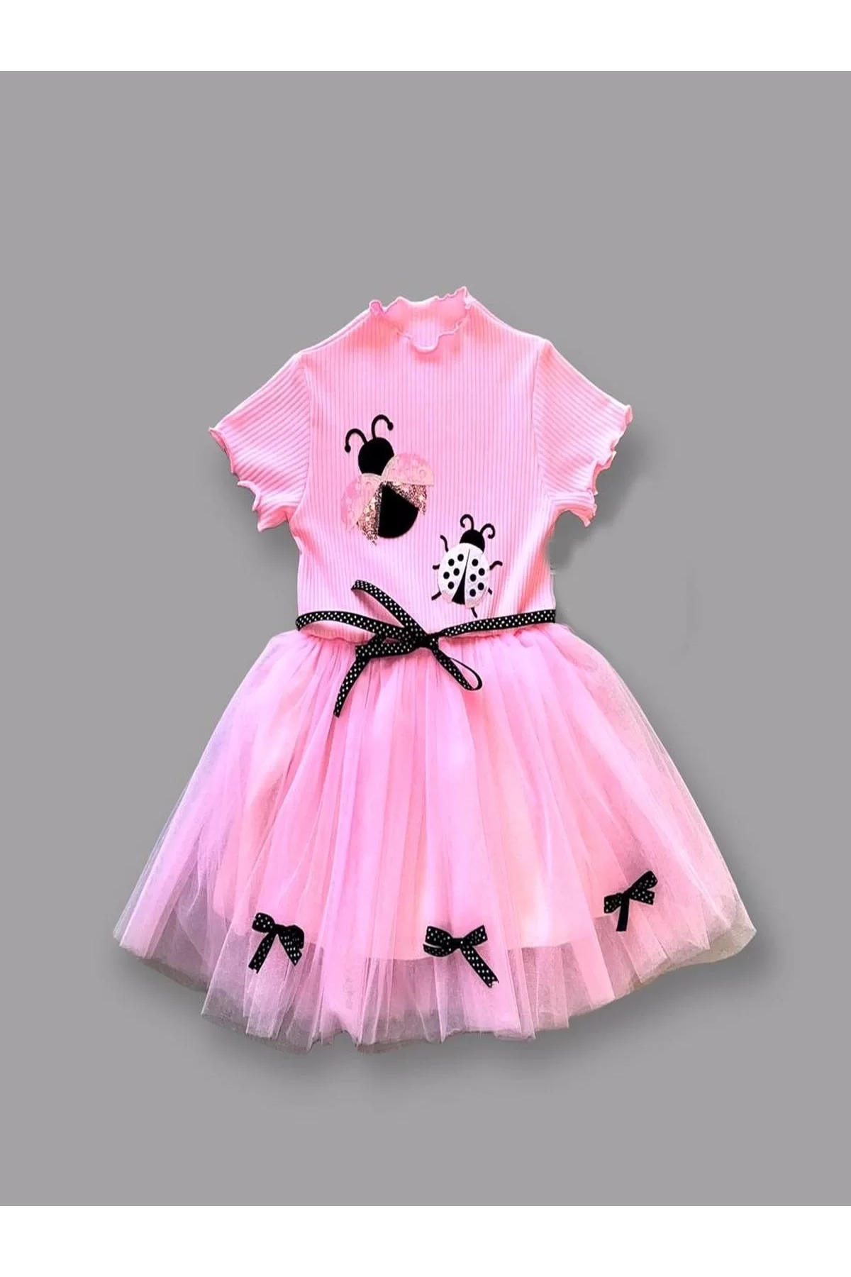 Onlinebutik Uğur Böceği Nakışlı Kurdela Kuşak Kız Çocuk Elbisesi Pembe