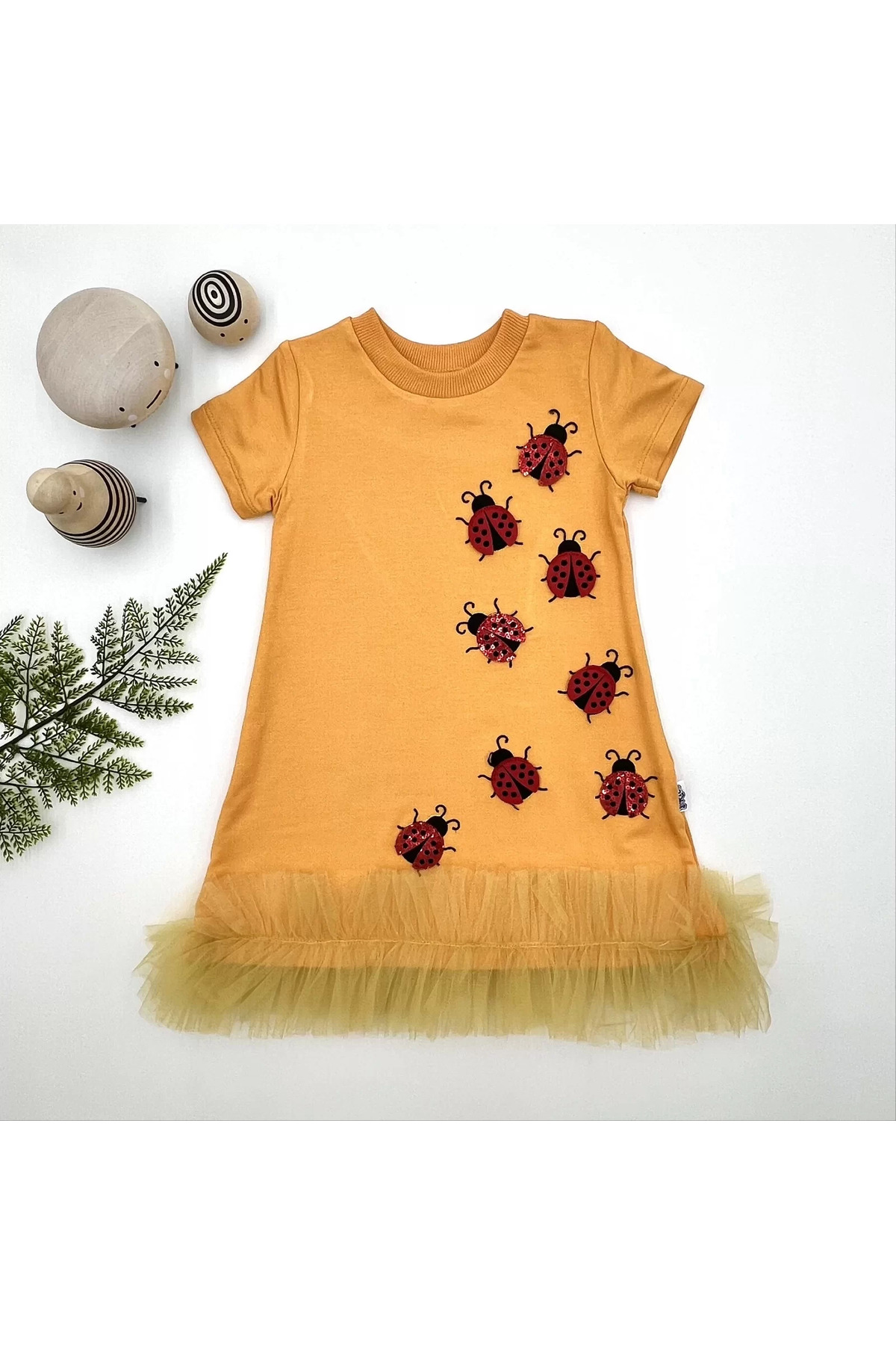 Shop58 Uğur Böceği Nakişli Firfir Uçlu Kiz Çocuk Jile Elbisesi Turuncu