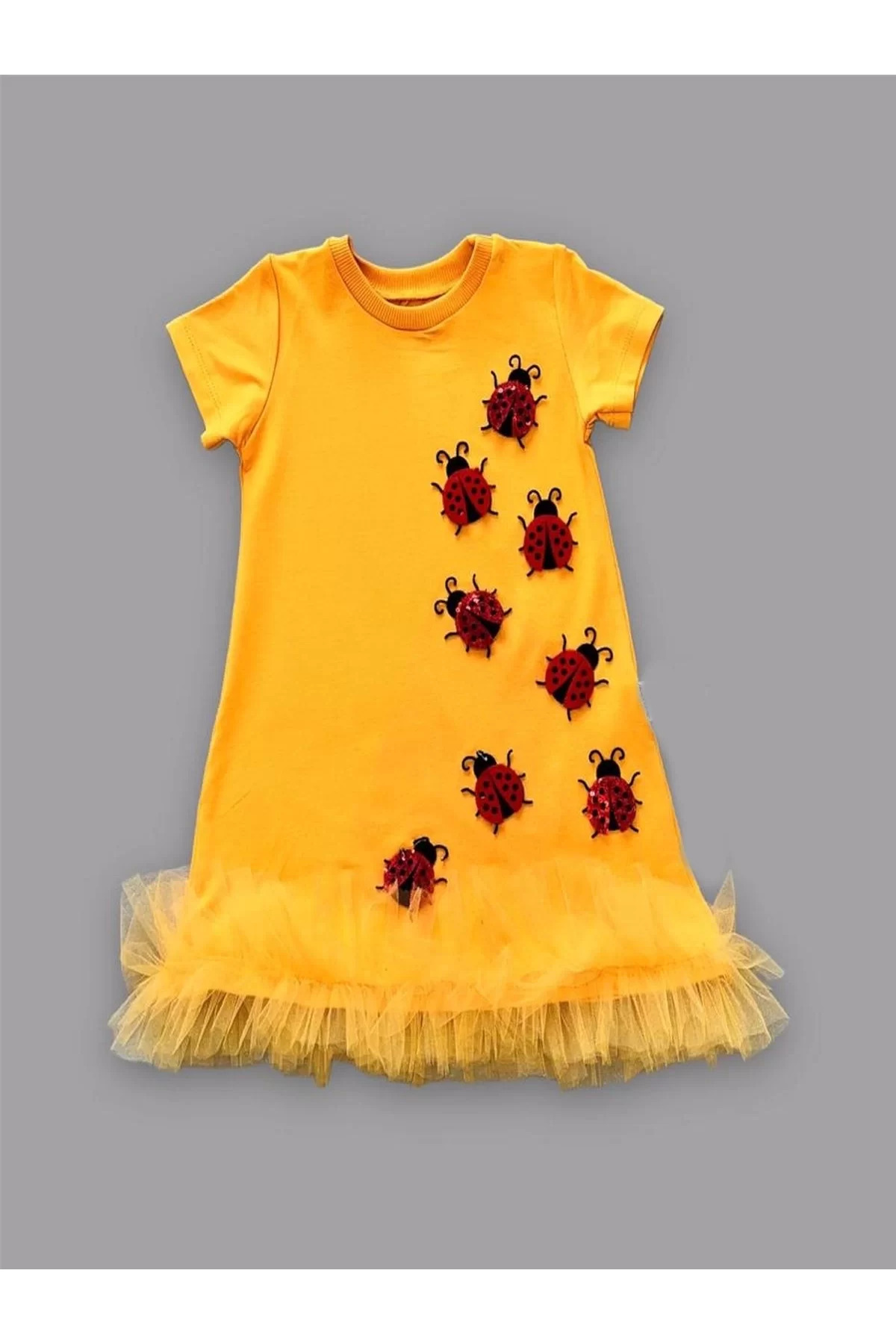 Shop58 Uğur Böceği Nakişli Firfir Uçlu Kiz Çocuk Jile Elbisesi Turuncu