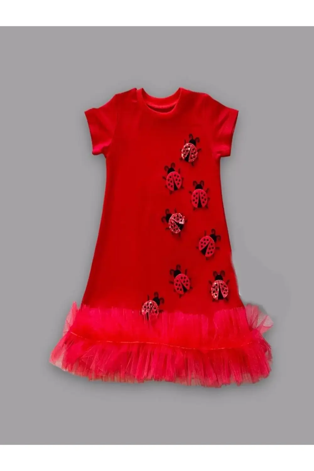 Uğur Böceği Nakışlı Fırfır Uçlu Kız Çocuk Jile Elbisesi Kırmızı